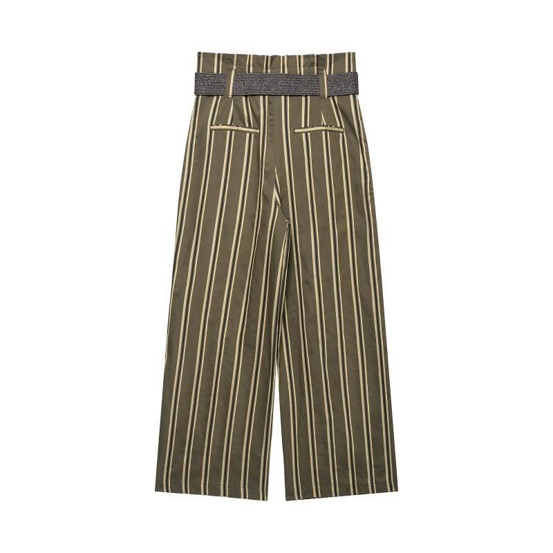 Womens Striped Straight Leg Trousers With Waist Belt Olive Green Casual Pants 2026