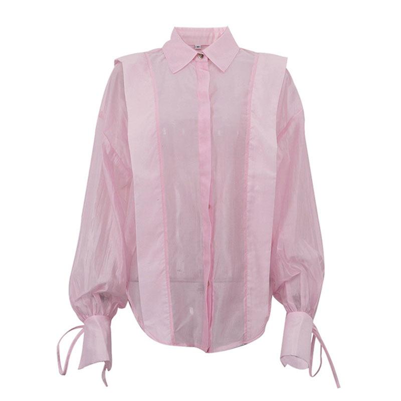Solid See Through Women Shirt Commut Wear Lapel Long Sleeve Single Button Lace Up Female Blouse 2025 Spring Summer Elegant Office Lady Top