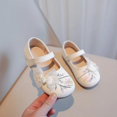Girls Flats Shoes with Mesh Knot Children Embroidered Leather Shoes for Party Wedding Kids Elegant Temperament Princess Shoes