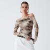 Summer Tie-Dye 3D Print Pleated One-Shoulder Cropped Long-Sleeve Top for Women