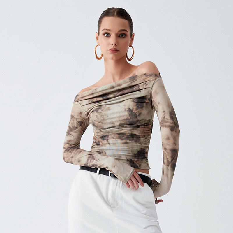 Summer Tie-Dye 3D Print Pleated One-Shoulder Cropped Long-Sleeve Top for Women Small хаки