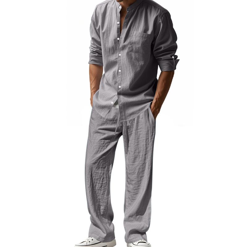 Four Seasons Linen Men's Casual Loose Breathable Long-sleeved Trousers Shirt Beach Suit