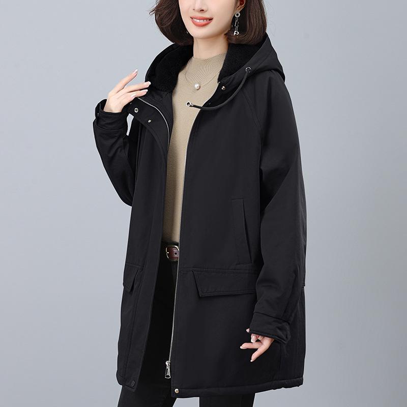 

Женская бархатная парка большого размера 2024: Зимнее пальто средней длины, свободного кроя, с утолщенным капюшоном для мам среднего возраста M (90-115 kg)