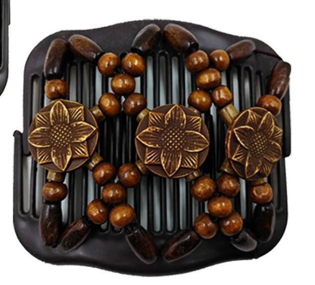 Sunflower Style Wooden Bead Hair Comb - Double Row, Versatile Handmade Hair Accessory.
