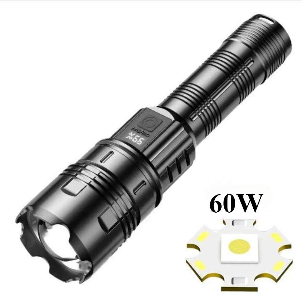 60W High-power LED Flashlight with Built-in Battery, High-power Fire Light, Camping and Fishing Long-distance Flashlight