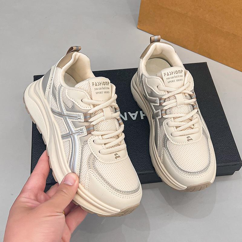 Spring thin round head lace-up breathable mesh sneakers ins trendy thick-soled casual running shoes