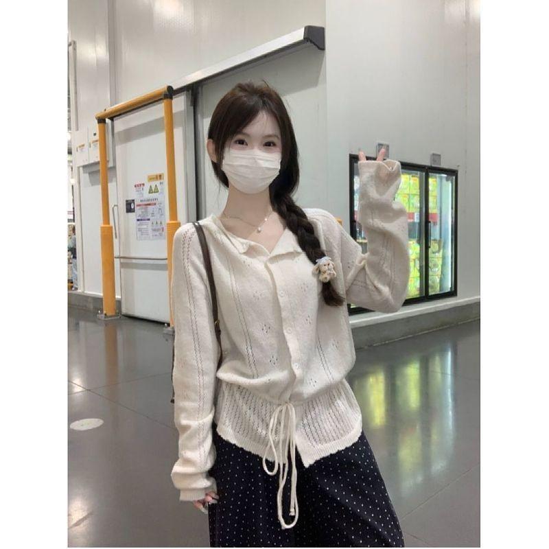 Women S Long Sleeve Knit Sweater With Waist Tie Hollow Out Fashionable