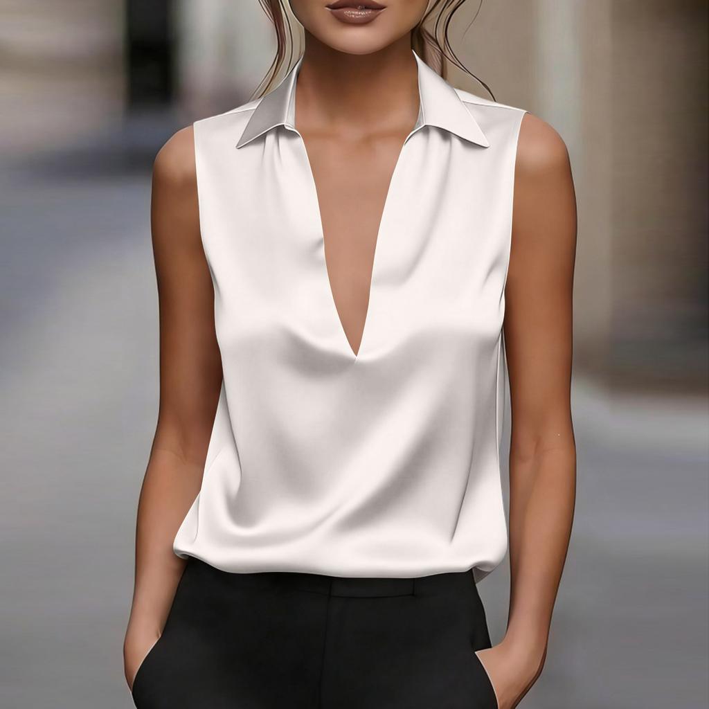 Blusa da Donna Colorata in Raso con Scollo a V e Senza Maniche per la Sera