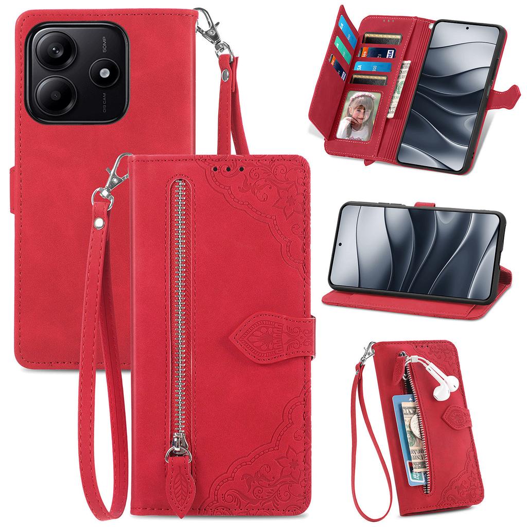 For Xiaomi Redmi Note 14 5G Zipper Wallet Case with Strap Flower Imprint PU Leather Phone Cover