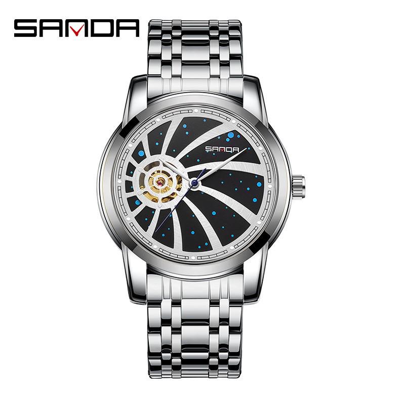 Sanda 7002 Men's Luminous Quartz Watch with Leather Strap & Rotating Starry Sky Dial