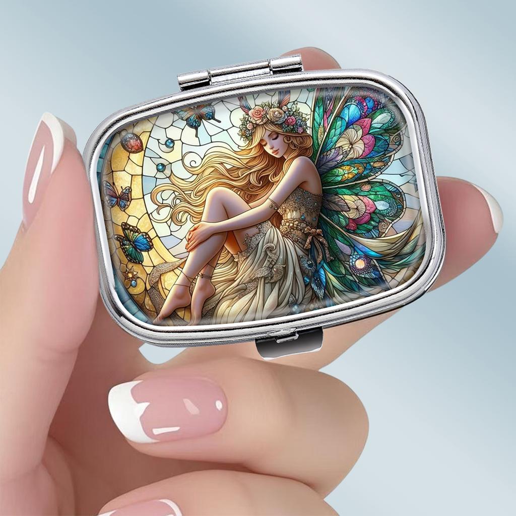 Tragbare Pillendose mit 2 Fächern, Mini-Metall-Medikamenten-Organizer-Etui, Niedlicher bedruckter Pillenbehälter für Vitamine, Pillen, Schmuck, Reisen, Tägliche Anwendung
