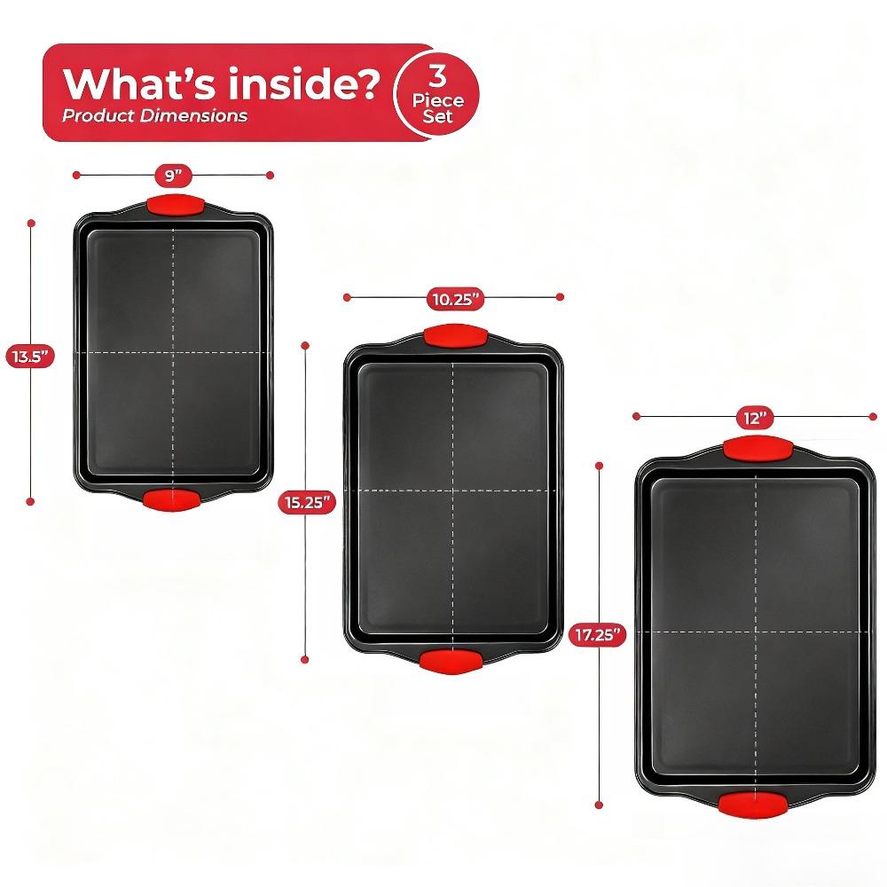 Baking Pan Set Nonstick Black Carbon Steel with Silicone Handles Stackable Baking Trays Set for Cookies Baking Kitchen Bakeware