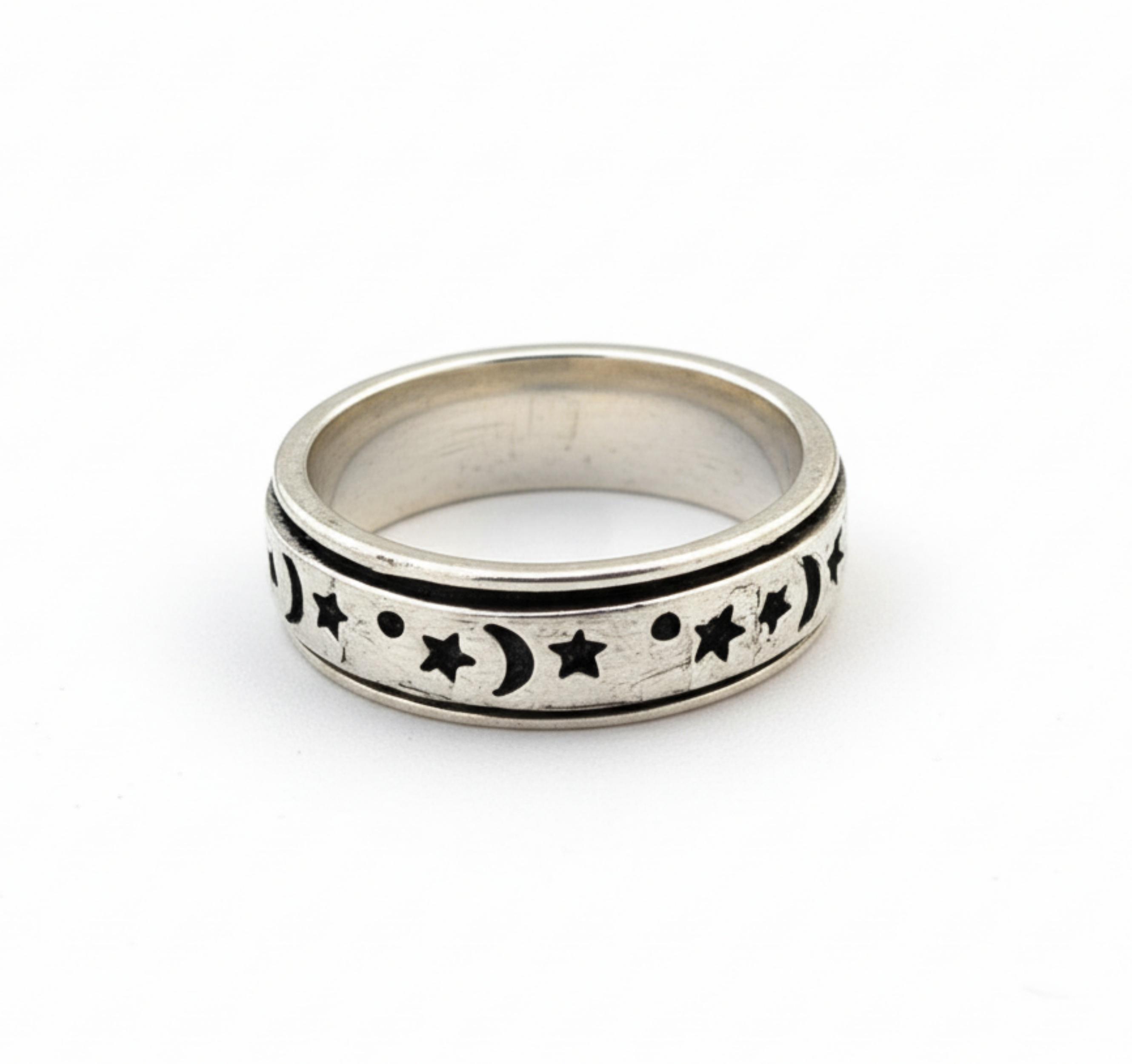 

925 Solid Sterling Silver Moonstar Spinner Ring, Meditation Band, Stress Relief Unisex Jewelry 12 серебряный