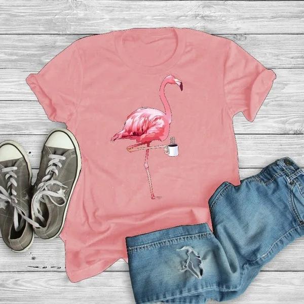 Flamingo Kaffetryck T-shirt Kvinnor Kortärmad O-hals Lös T-shirt Sommar Kvinnor T-shirt Toppar Camisetas Mujer