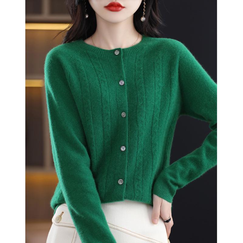 Women's Spring Cashmere Cardigan - Round Neck, Solid Color, Cable Knit, Loose Fit, 100% Pure Wool Sweater