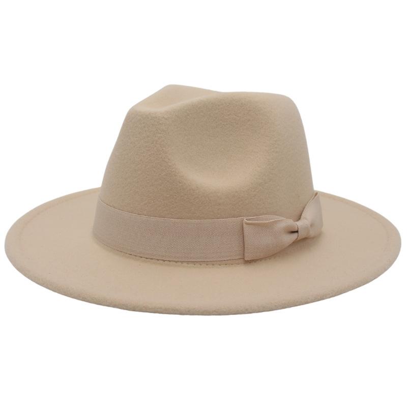 Europäischer und amerikanischer Stil Jazzhut Herbst und Winter Hut mit großem Schirm Mode Schleife Flacher Rand Zylinderhut Herren und Damen Wollfilzhut