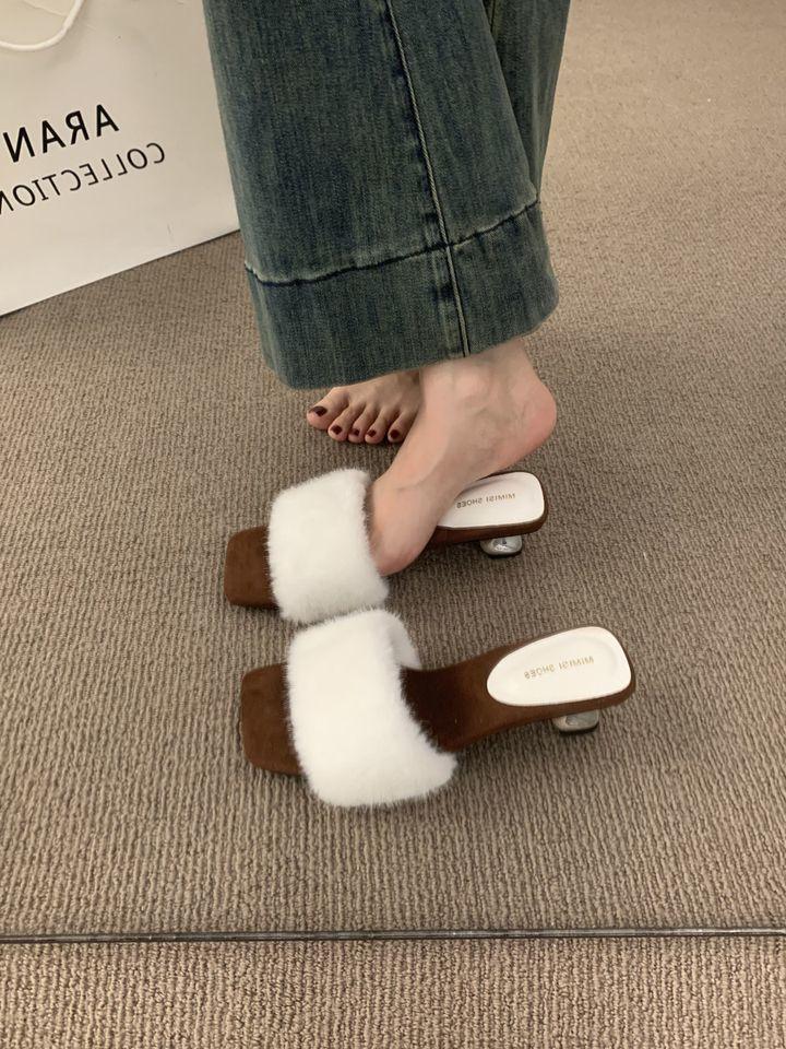 French evening breeze with fluffy slippers for women's outerwear 2025 new kitten and mink hair high-heeled sandals
