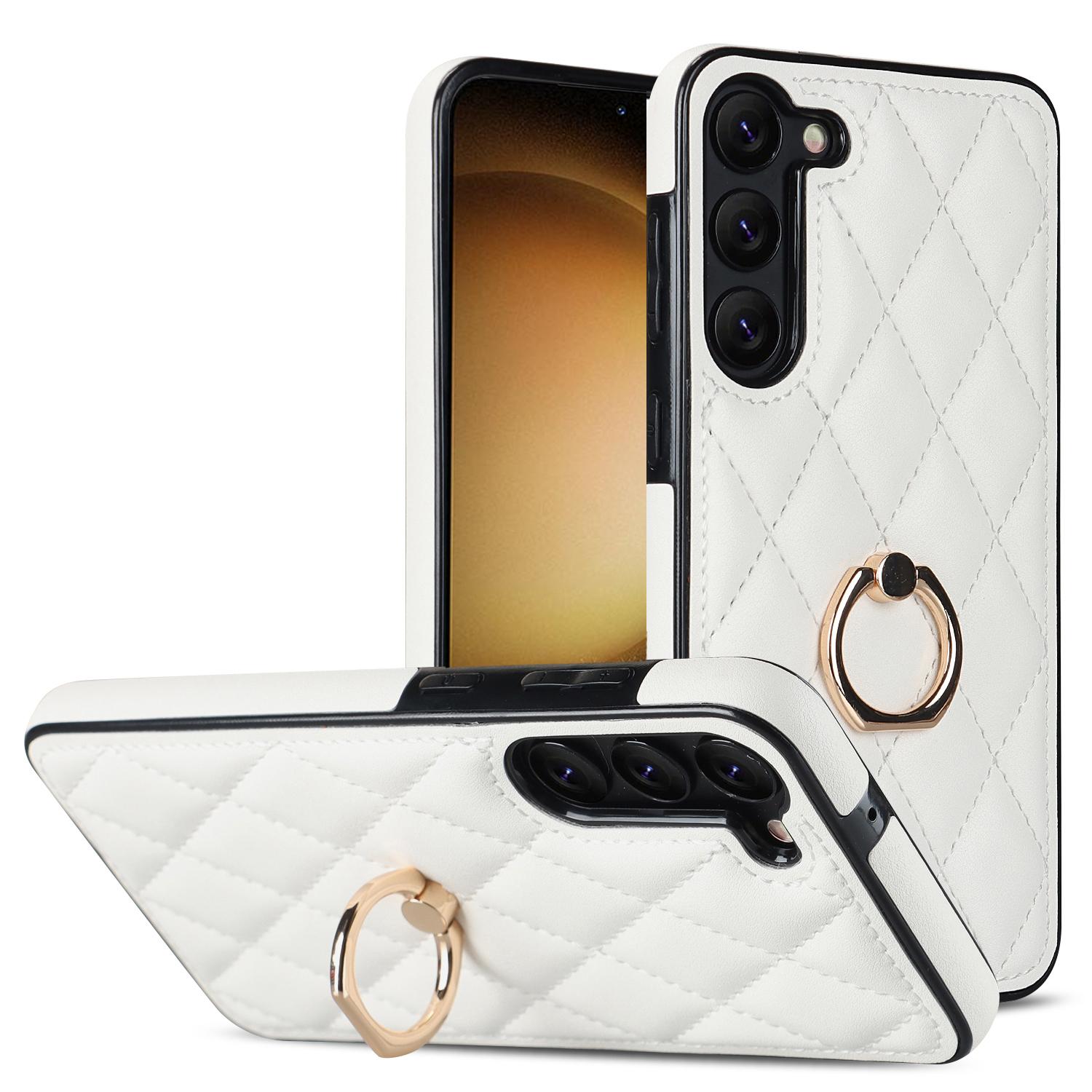 

For Samsung Galaxy S23 Phone Case PU Leather+TPU Imprinted Rhombus Grid Pattern Back Cover with Ring Kickstand White