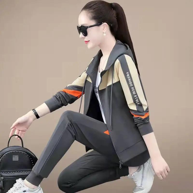 Women's Autumn Spring Insulated Tracksuit Lining Hoodie Two-piece Set, Korean-style Clothes