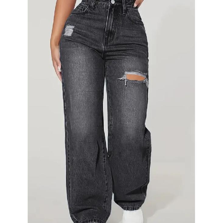 Mom Jeans Dámské Džínové Kalhoty Široké Nohavice Dlouhé Kalhoty Dírky Vysoký Pas Rovné Kalhoty Y2k Streetwear Práce Prošívané Ležérní Punk