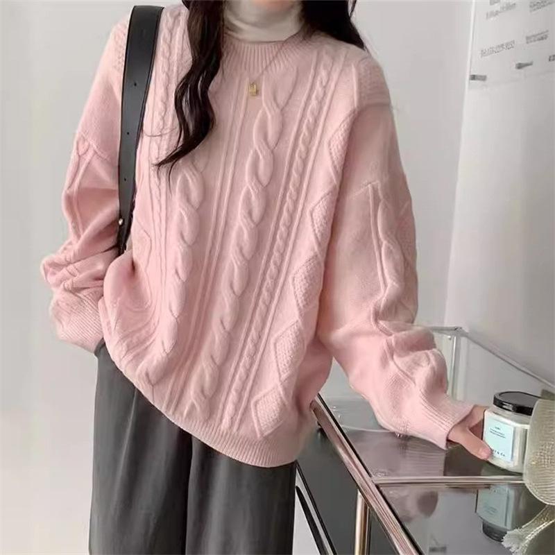 Gentle wind soft waxy twist pullover sweater women's autumn and winter new loose versatile crew neck knitted sweater lazy top women