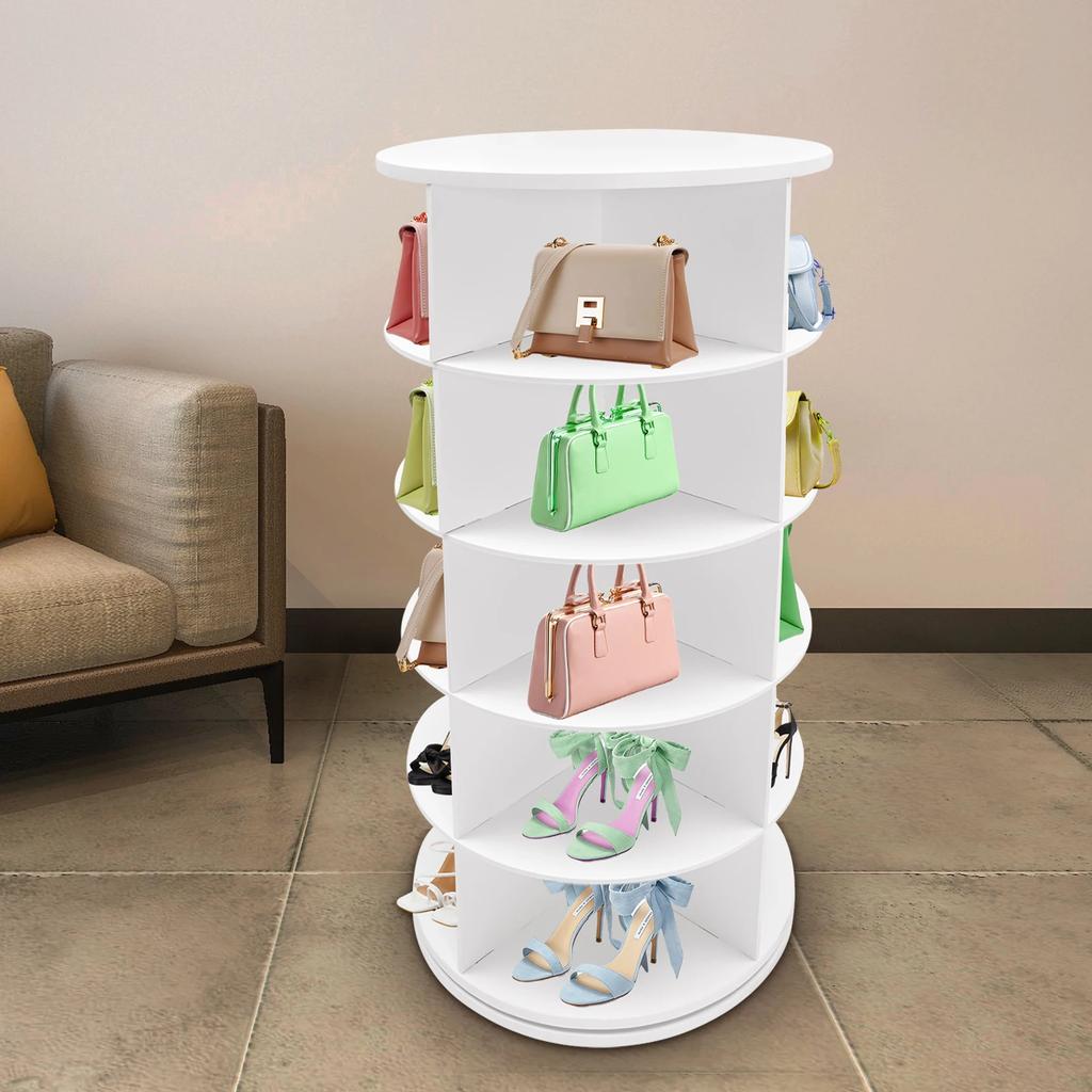 5-Tier Rotating Shoe Organizer 23.2x23.2x45.3in, White PVC Shoe Rack, Freestanding Shoe Storage | Holds 20 Pairs,55 lbs Capacity