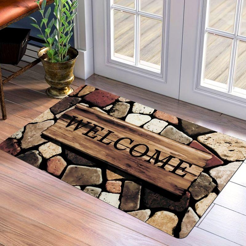 Welcome Cobblestone 3D Stone Pattern Doormat Non-Slip Rug Waterproof Machine Washable Polyester Carpet For Home Outdoor Decor