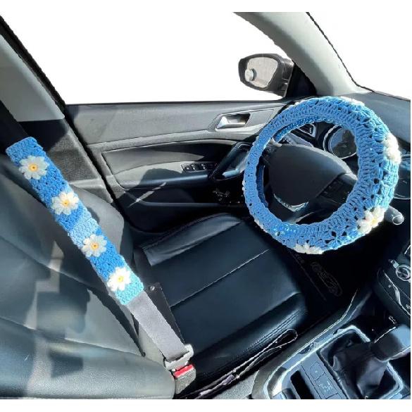 Car Steering Wheel Cover Warm  Anti Slip Grip Seat Belt Safe Hand Crocheted Flower Design for Stylish Car Decor Winter Simple