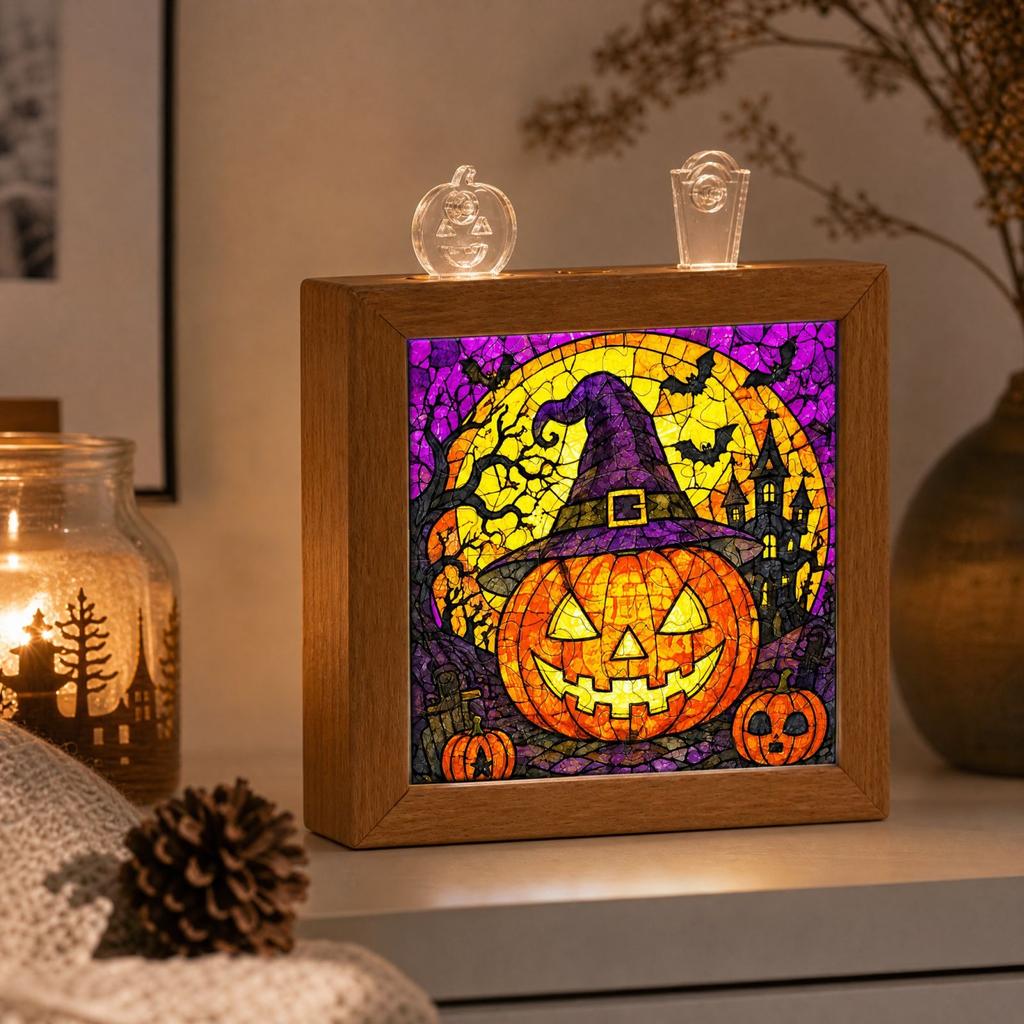 Halloween Night Light Stained Glass Tabletop Lamp with Wooden Acrylic, Decoration