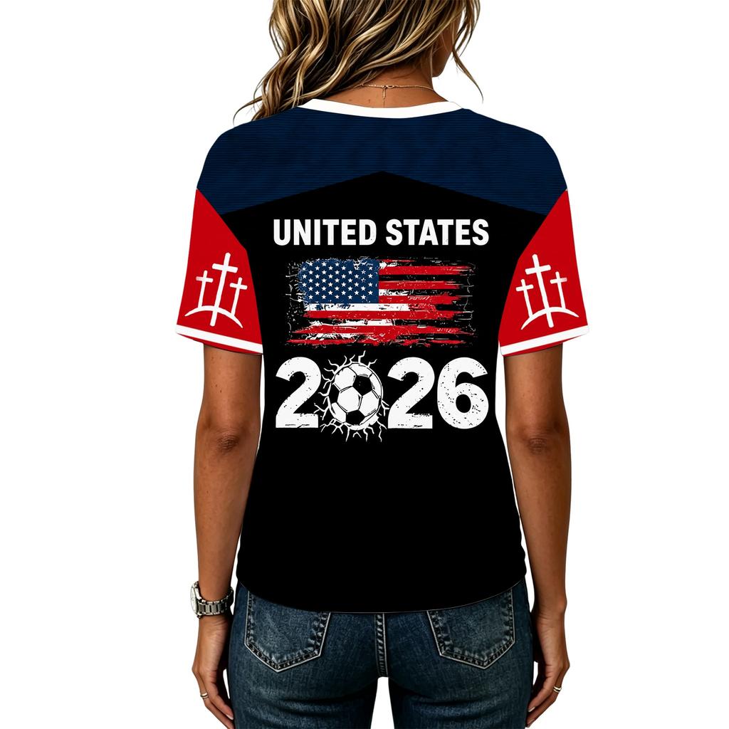 Women's Short Sleeve V-Neck T-Shirt with USA Letter Print