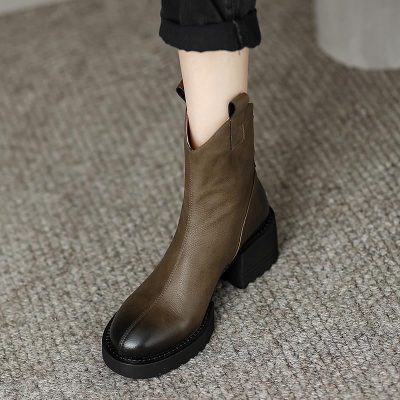 Fashion 2024 Winter Genuine Leather Women Boots Round Toe Chunk Heel Platform Shoes Solid Chelsea Boots Casual Women Shoes Green Boots