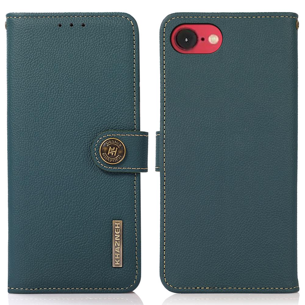 

KHAZNEH For iPhone 16e Case Genuine Cow Leather Wallet Phone Cover Green