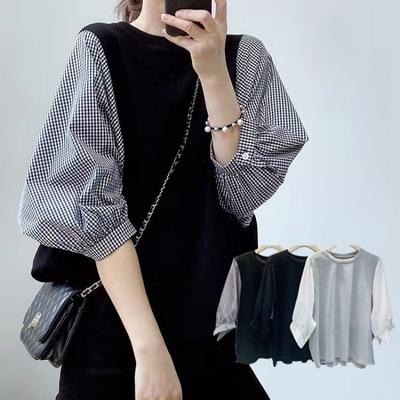Spring Summer Korean Fashion Simple Street Three Quarter Sleeve Shirts for Women Casual Plaid Striped Patchwork Loose Blouse Top