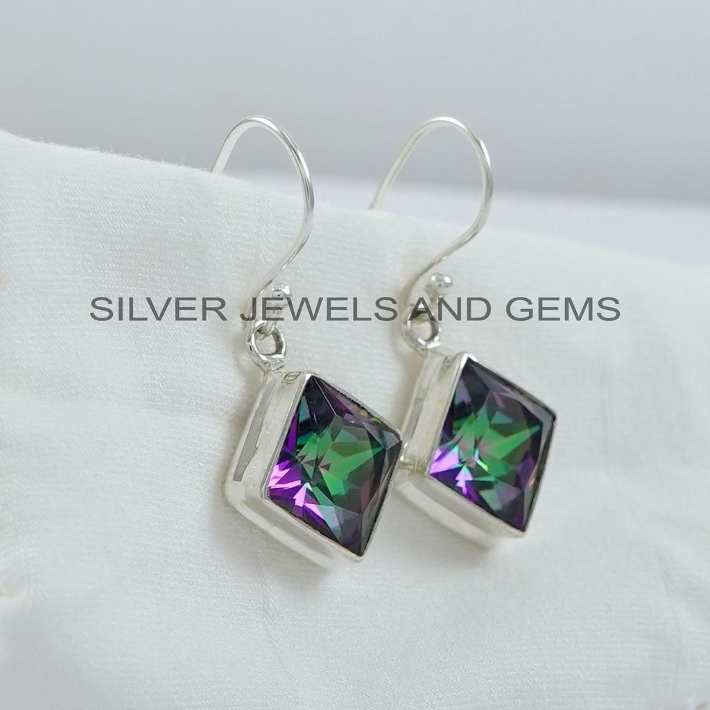 Mystic Topaz Earrings, Handmade Earrings for Her, 925 Sterling Silver Square Topaz Earring, Birthday Gift, Gift for Friends