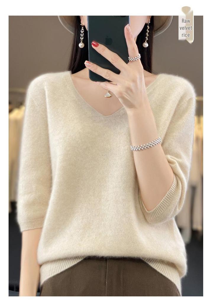 Women's 100% Pure Wool V-neck Short-Sleeve Knit T-shirt, Spring/Autumn Versatile Base Layer Sweater