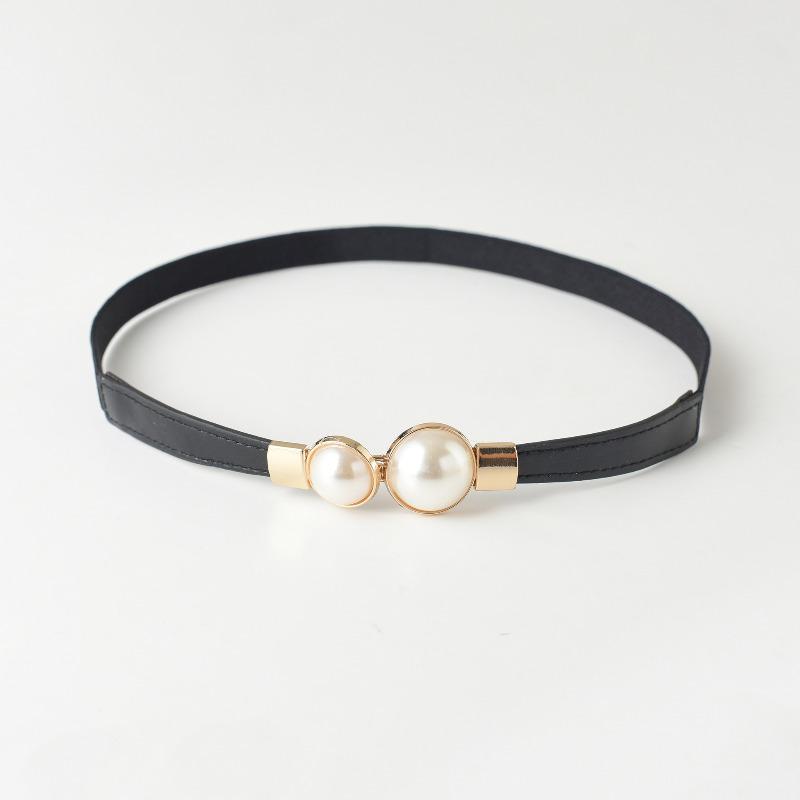Vintage pearl buckle skinny belt - women s dress elastic waistband 60-80cm чёрный