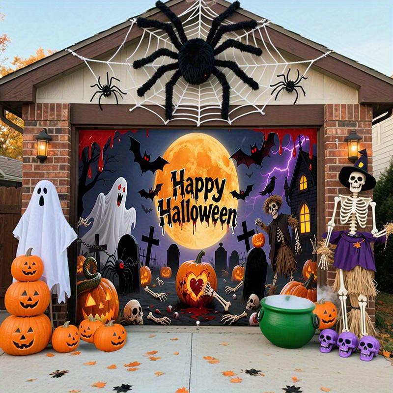 1 2D Flat Halloween Polyester Background Cloth - Ghost Bat Pumpkin Lantern Design - Indoor and Outdoor Decoration