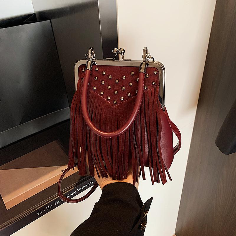 Fashionable Tassel Bag, Retro Heavy Industry Rivet Design Handbag, Single-shoulder Crossbody Bag