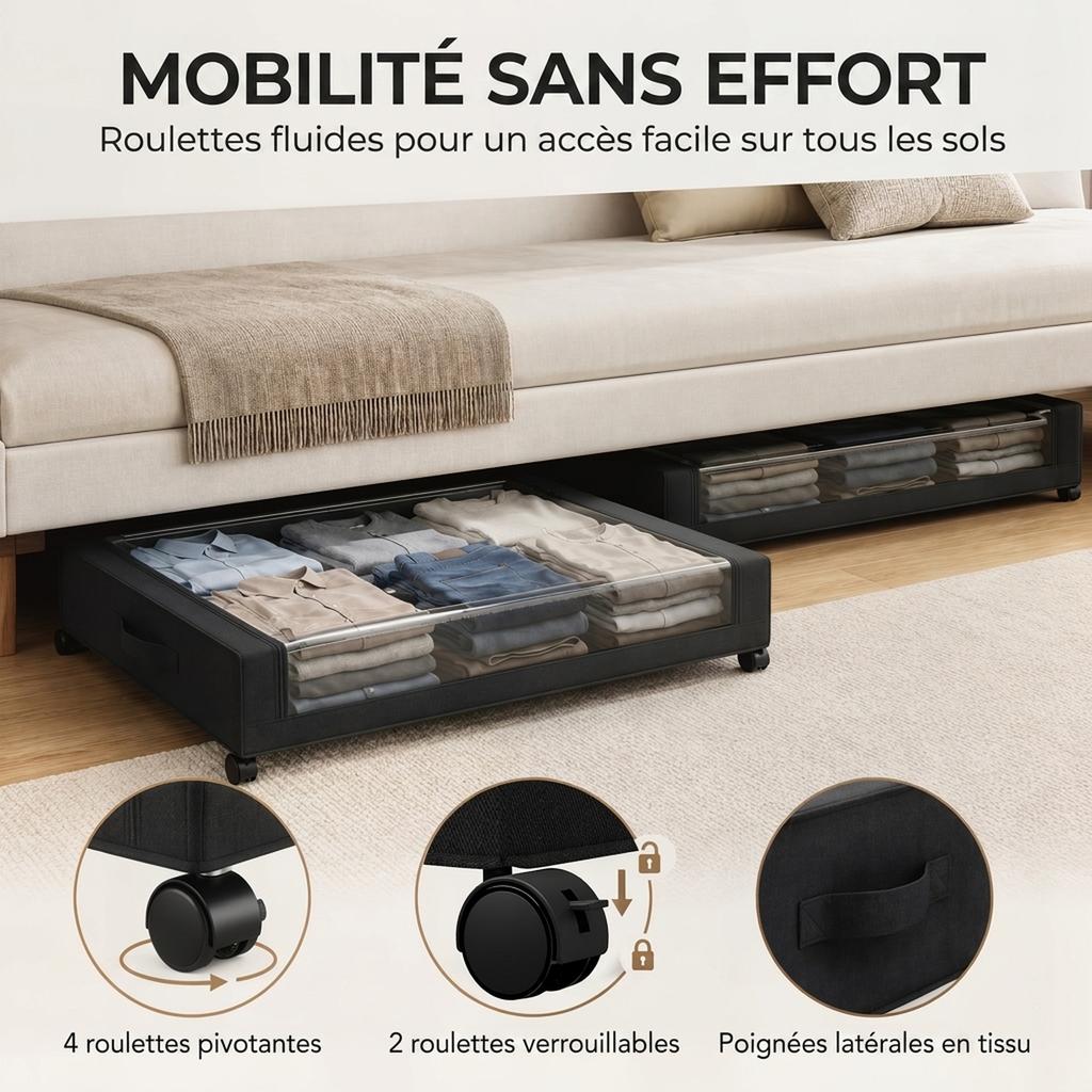 Under-Bed Storage Box on Wheels, Set of 2, 40 L, 78 x 44 x 16 cm, Black