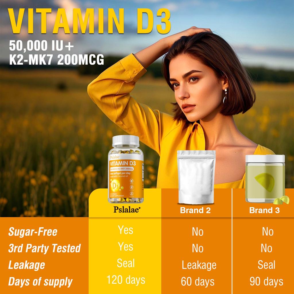 Vysoce účinný doplněk 2 v 1 vitamín D3 + K2, obsahující 50 000 IU vitamínu D3 a 200 mcg vitamínu K2 (MK-7) pro podporu zdraví kostí.