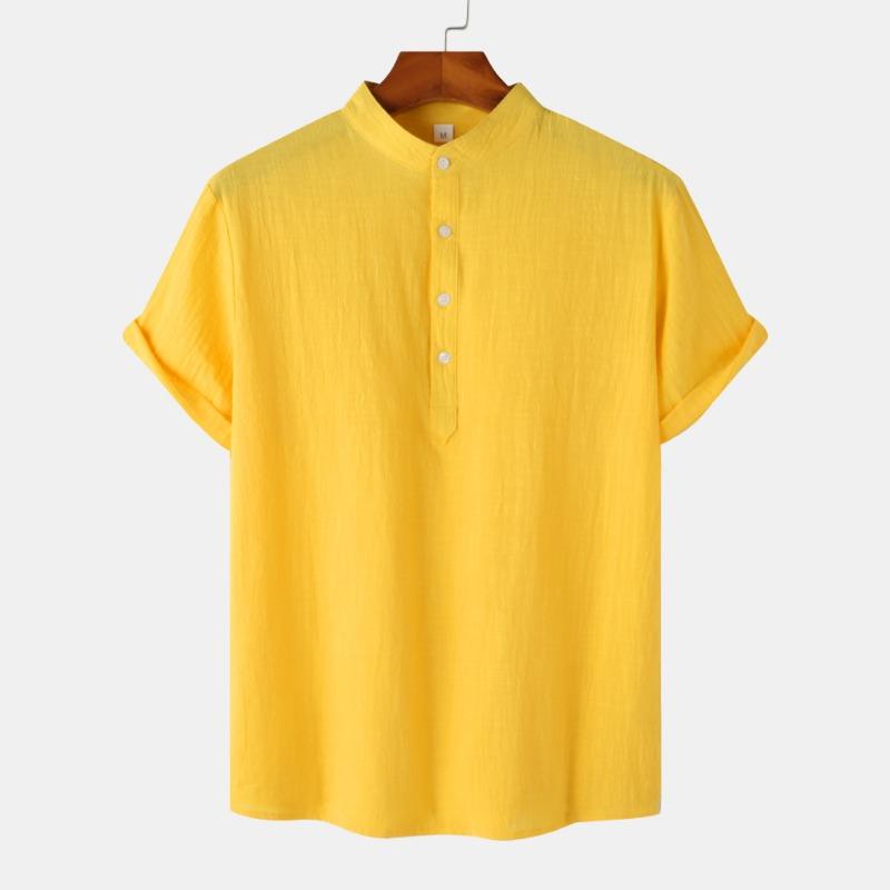 Summer Men's Cotton Linen Stand Collar Casual Short Sleeved Shirt Beach T-shirt Shirt Men's Clothing