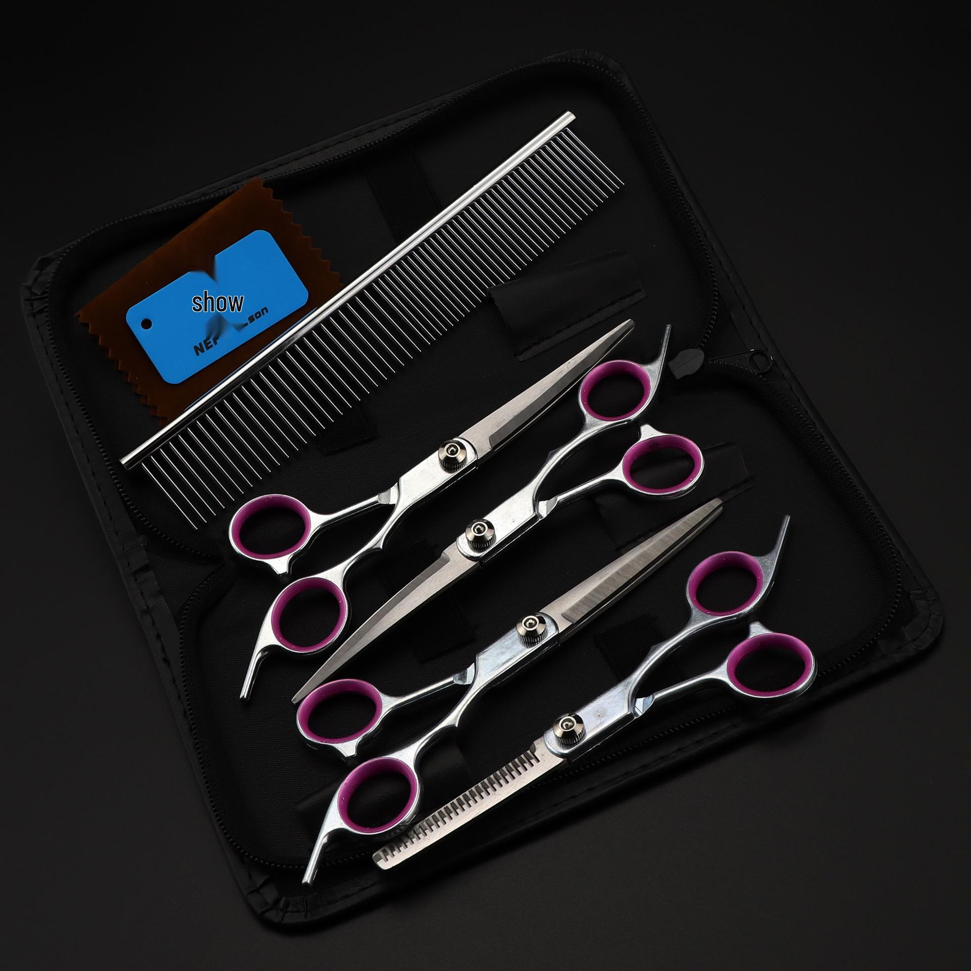 6-Inch White Pet Grooming Scissors Set - 4-Piece: Straight, Bent, Fine-Tooth Thinning Shears & Grooming Comb.