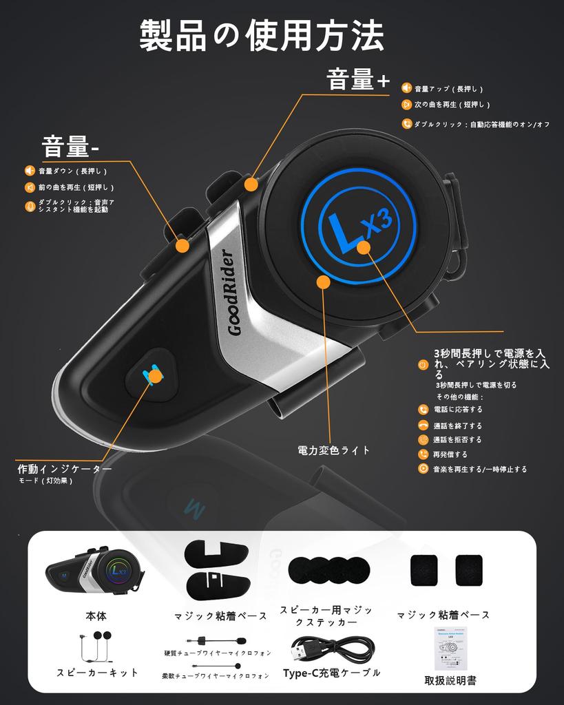 GoodRider LX3 Motorcycle Helmet Earbuds, 40mm Helmet Speaker, Support Voice Command with Microphone, Auto