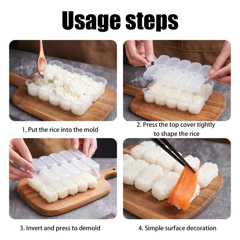 10 Fächer Reiskugelform mit Reislöffel Sushi Antihaft-Druckaufbewahrungsbox Mittagessen Werkzeug DIY Heimküche Klare Onigiri-Formen