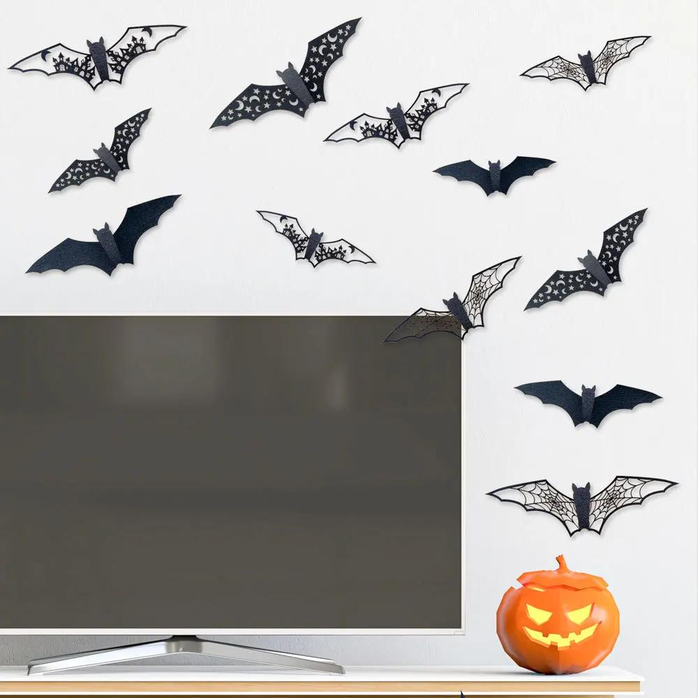 12/48pcs Halloween Decoration 3D Bat Wall Stickers Hollow Black Bat for DIY Halloween Party Horror House Scary Decal Decor
