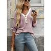 2025 New Women's V-neck Button Pullover Splicing Casual Long-sleeved Color-blocked T-shirt