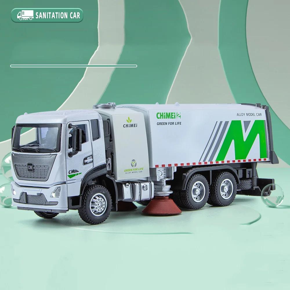 1/32 Urban Sanitation Cleaning Car Model Toys Diecast Alloy Vehicle Doors Opened Rubber Tires Sound Light Pull Back Toy Kid Gift