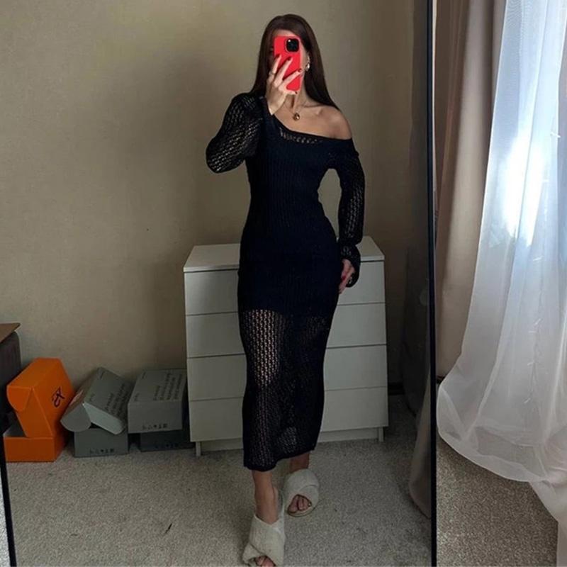 Knitted Hollow Out Beach Dresses Women Sexy Solid O-neck Long Sleeve Oversize Dress Spring Summer Lady Sunscreen Vestidos