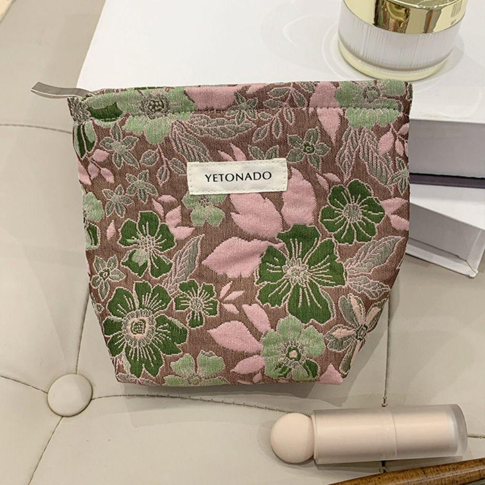Polyester Canvas Flower Clutch Bag Flower Pattern Large Capacity Makeup Bag Portable Zipper Closure Cosmetic Organizer