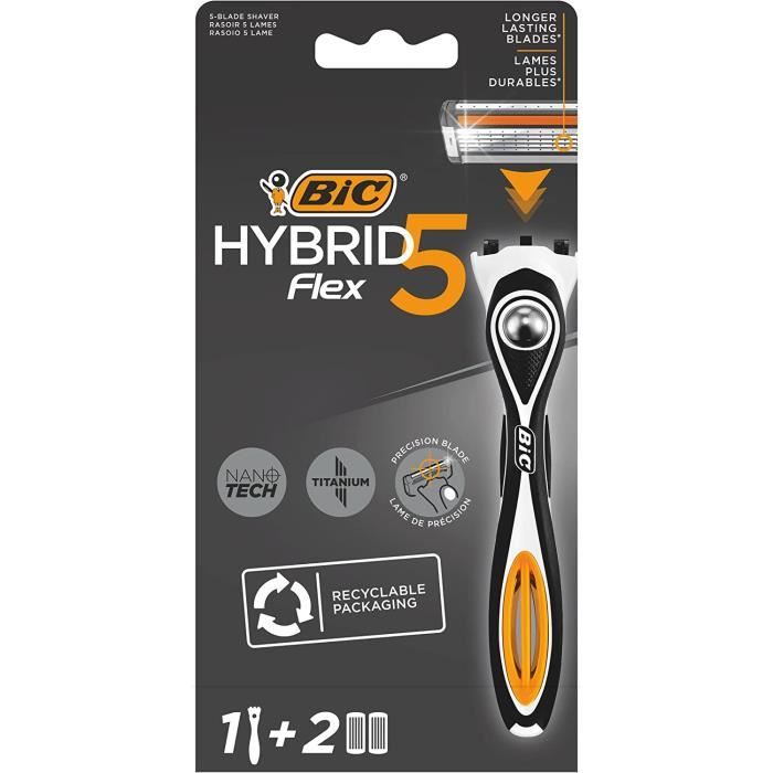Rasoir - BIC - Hybrid 5 Flex - 5 Lames En Titane - Poignée Flexible - Boîte De 1 + 2 Recharges